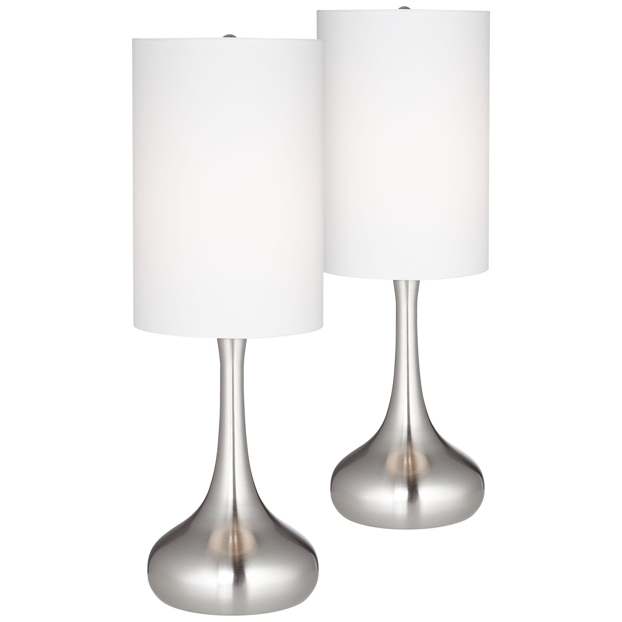 Brushed Steel Droplet Table Lamps with White Shades, Set of 2