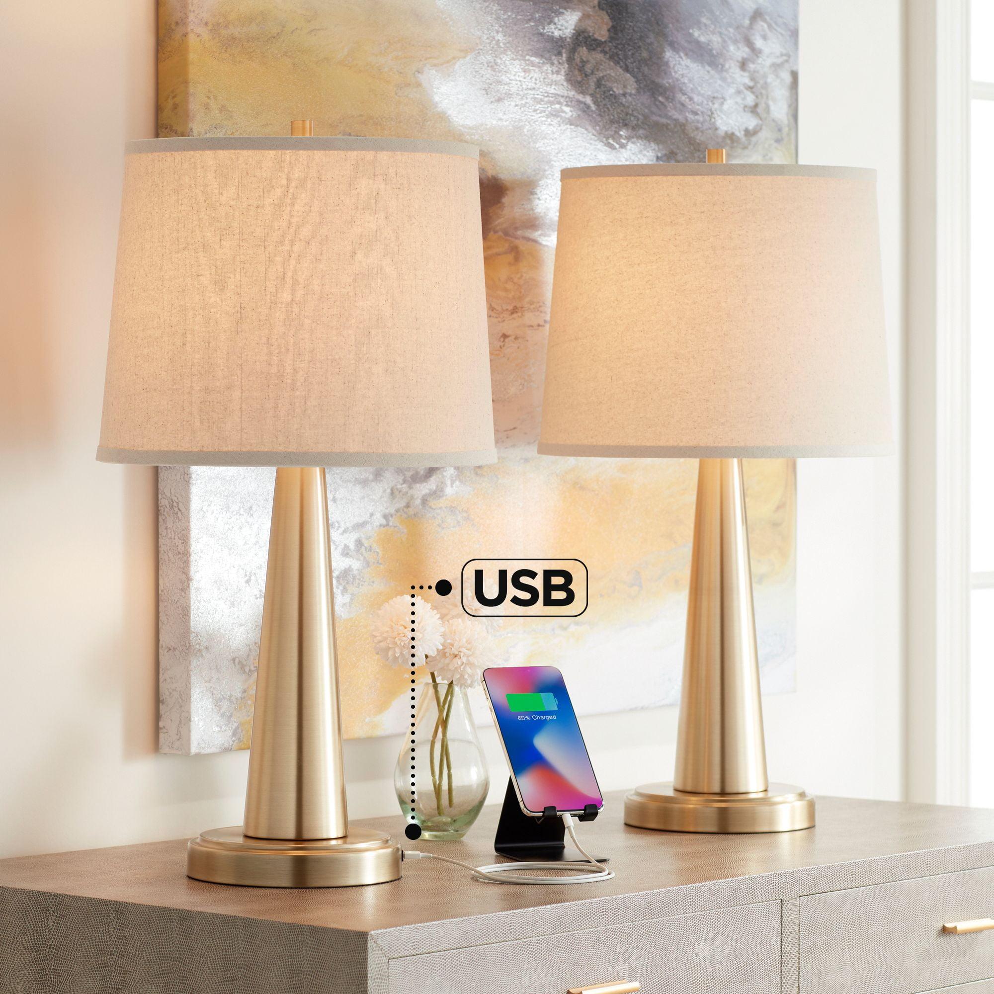 360 Lighting Modern Table Lamps 25" High Set of 2 with USB Charging Port Brass Metal Beige Drum Shade for Bedroom Living Room House Desk Bedside Home