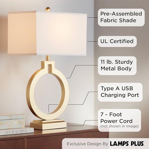 Gold Open Ring Table Lamps with USB Ports and White Shades, Set of 2