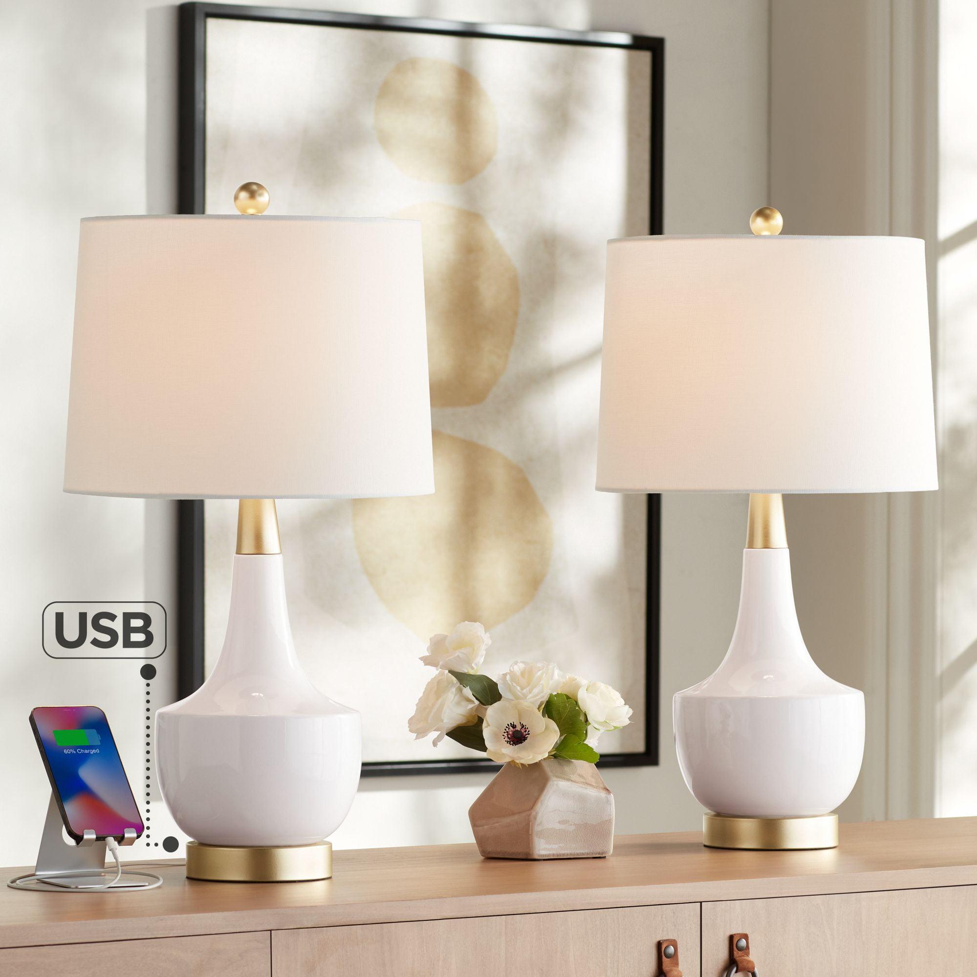 White and Gold Ceramic Mid-Century Modern Table Lamps with USB Ports