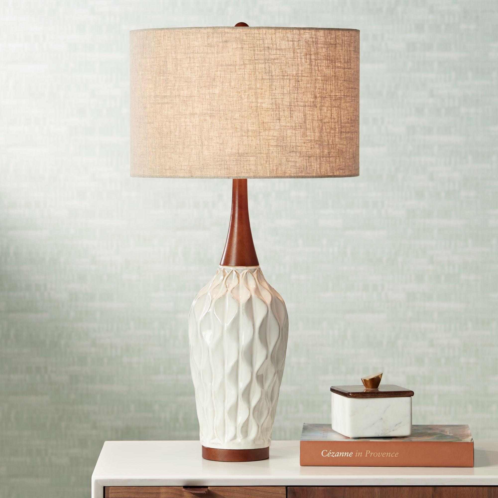 Mid-Century White Ceramic & Wood Table Lamp with Tan Drum Shade