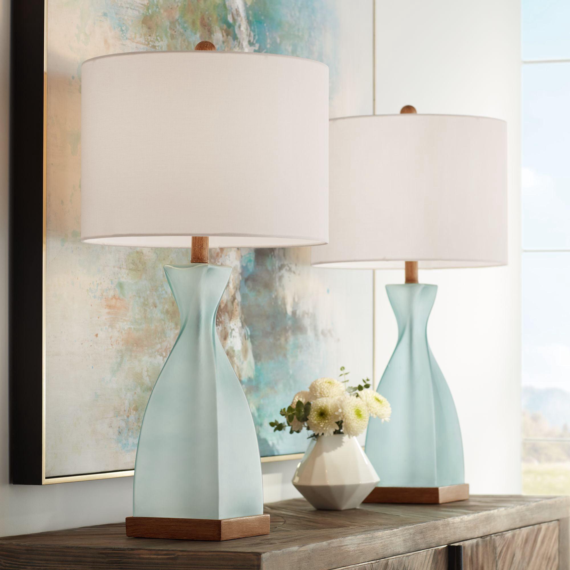 360 Lighting Ryan 28 1/2" Tall Modern Coastal End Table Lamps Set of 2 Ocean Blue Glass Off-White Shade Living Room Bedroom Bedside Nightstand House