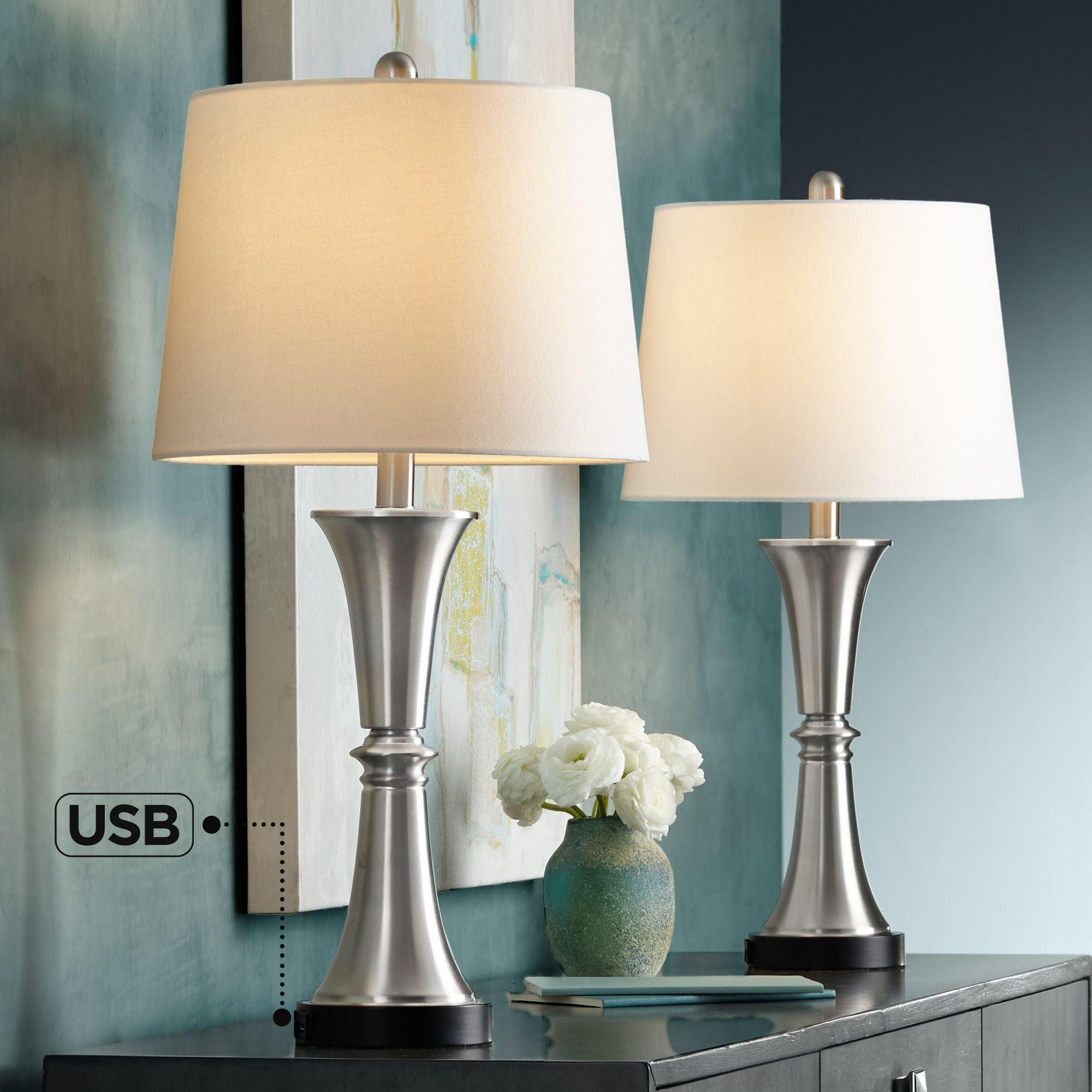 Silver Touch Table Lamps with White Drum Shades and USB Ports, Set of 2