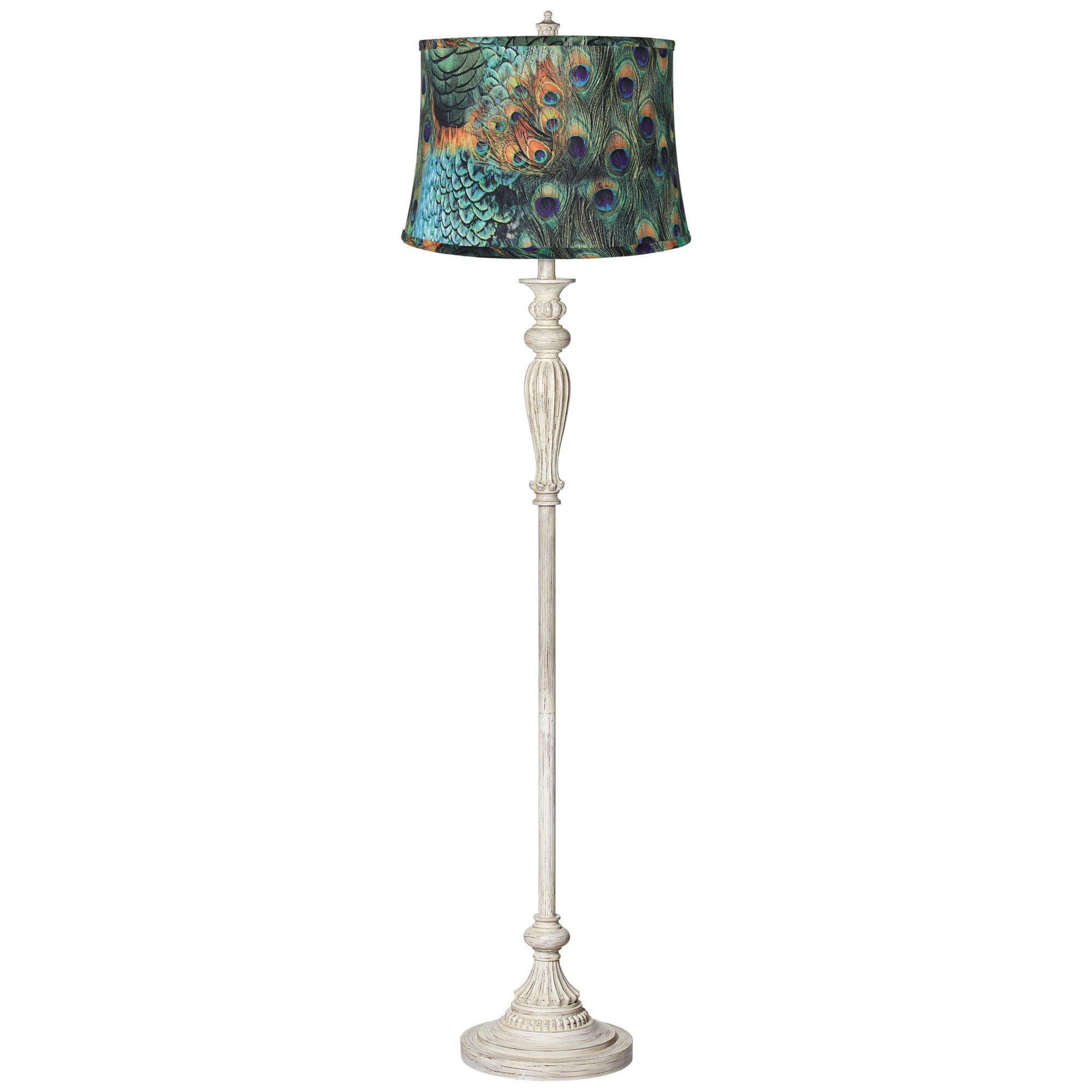 360 Lighting Shabby Chic Floor Lamp 60" Tall Antique White Washed Peacock Print Drum Shade for Living Room Reading Bedroom Office