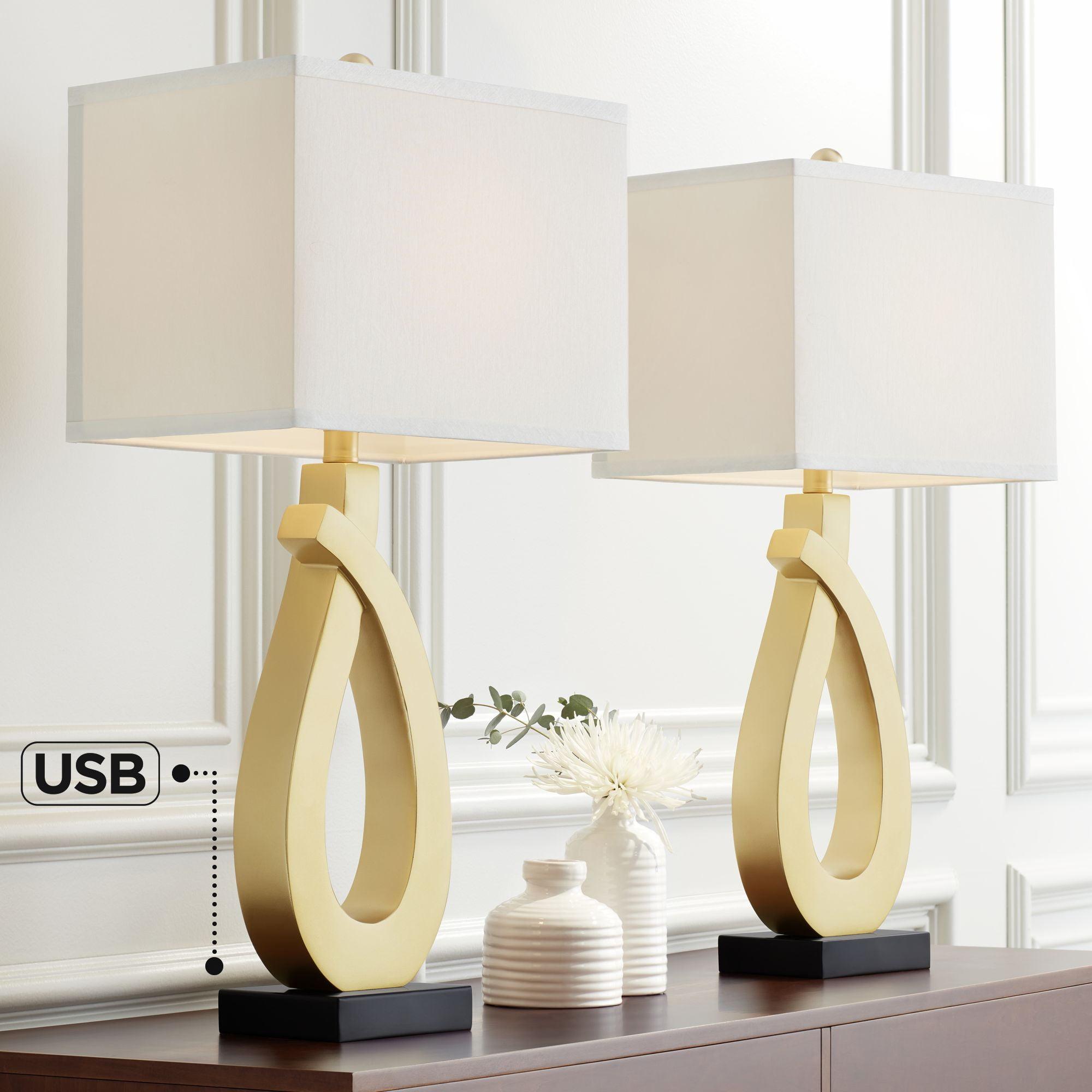 360 Lighting Simone Modern Table Lamps 28" Tall Set of 2 Sculptural Gold Metal USB Charging Port White Rectangular Shade Bedroom Living Room