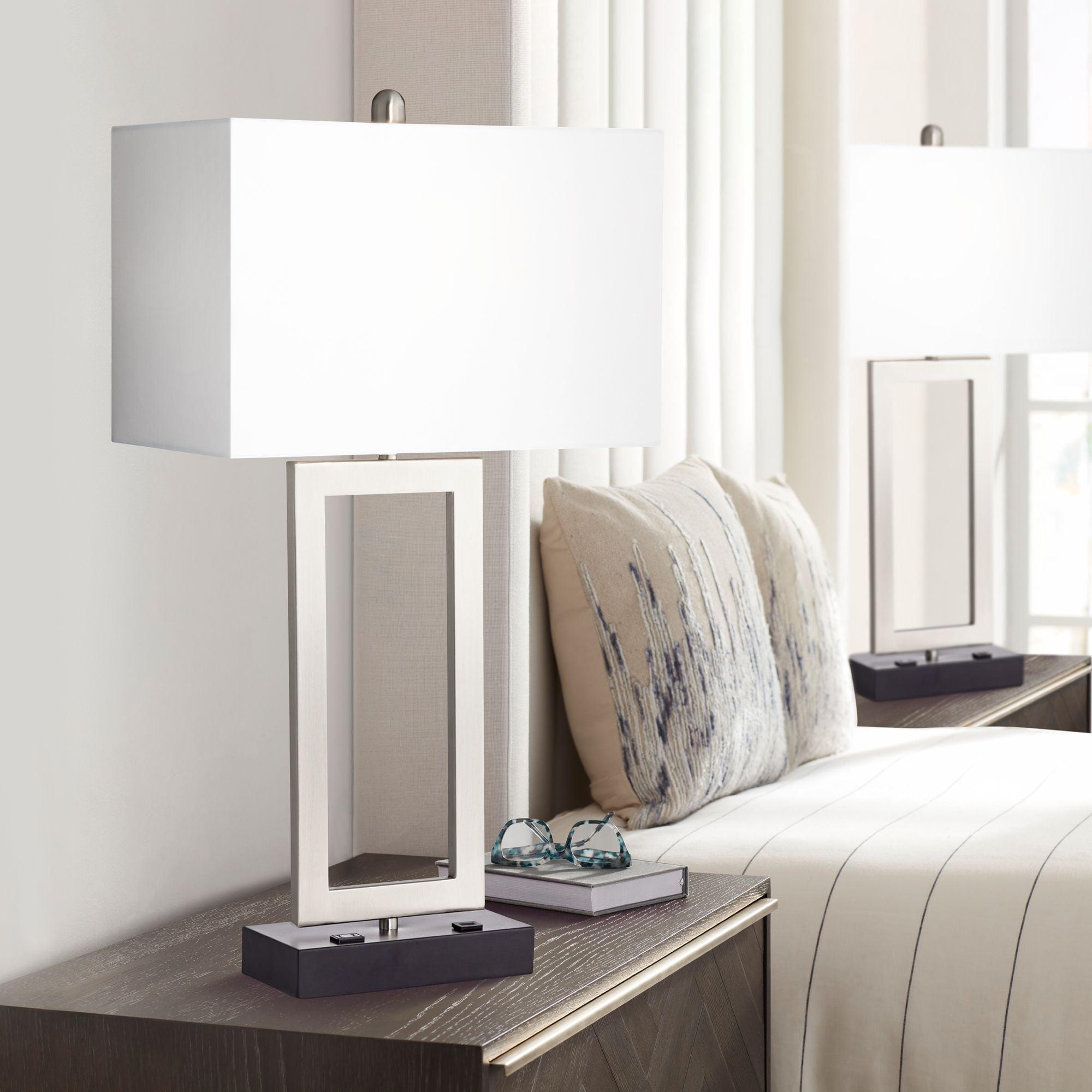360 Lighting Todd 30" Tall Large Modern End Table Lamps Set of 2 USB Port AC Power Outlet Silver Brushed Nickel Finish Metal Living Room Charging