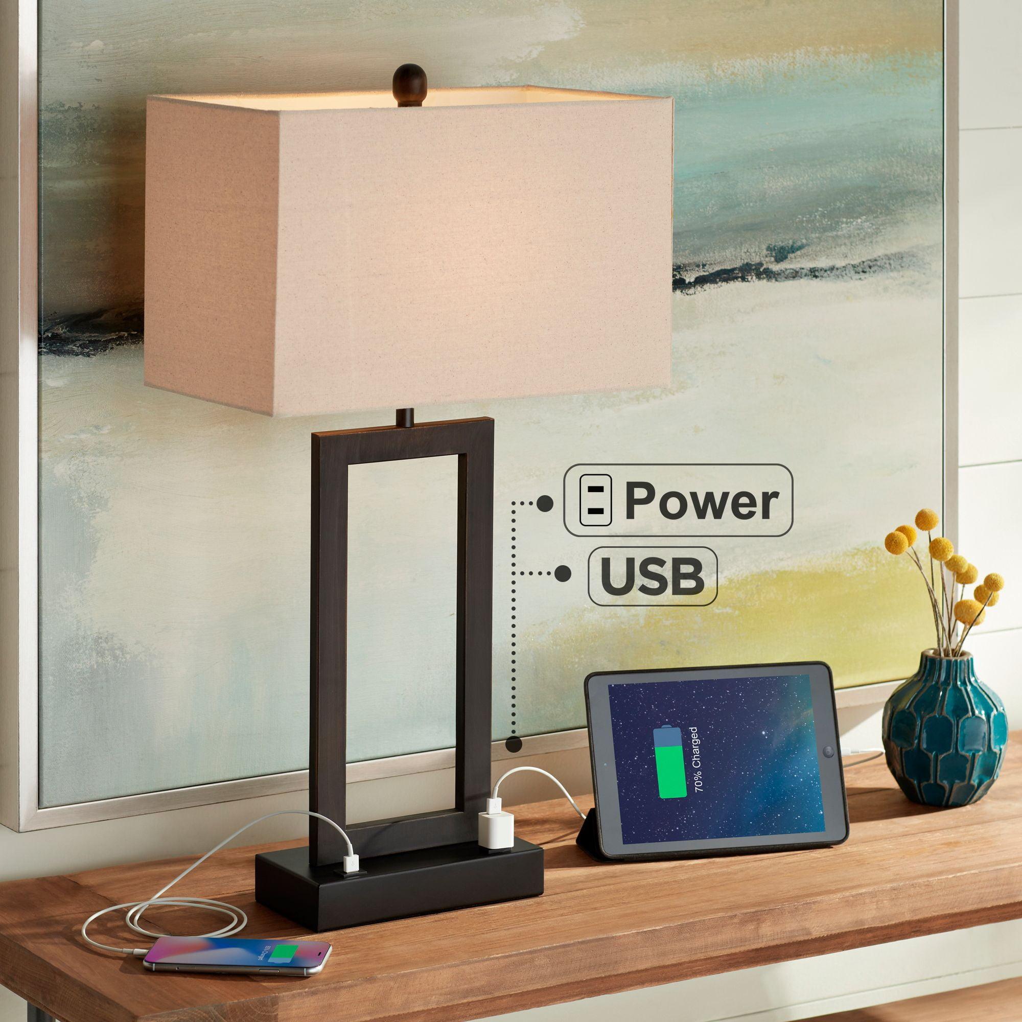 360 Lighting Todd Modern Table Lamp 30" Tall Bronze Rectangular with USB and AC Power Outlet in Base Oatmeal Fabric Shade for Living Room Office House