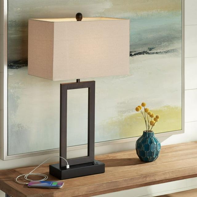 360 Lighting Todd Modern Table Lamp 30" Tall Bronze Rectangular with USB and AC Power Outlet in Base Oatmeal Fabric Shade for Living Room Office House