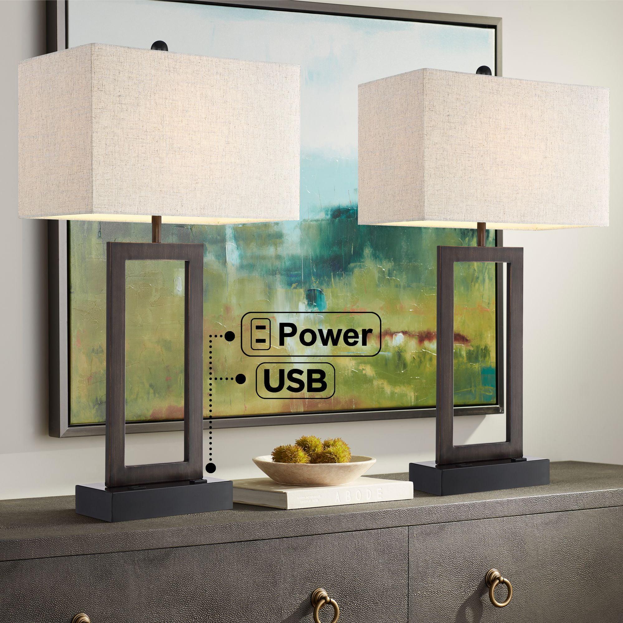 Todd Bronze Metal Table Lamps with USB and Oatmeal Shade