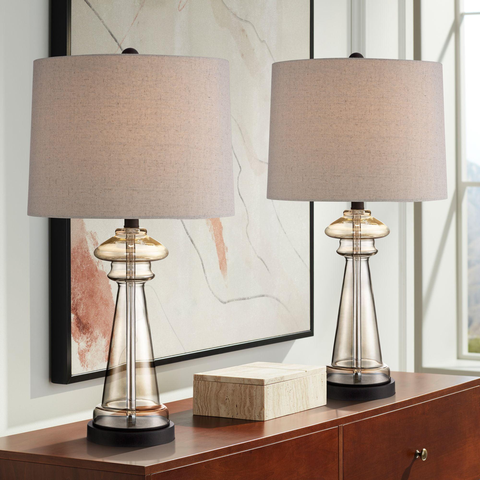 Set of 2 Clear Champagne Glass Table Lamps with Taupe Drum Shades