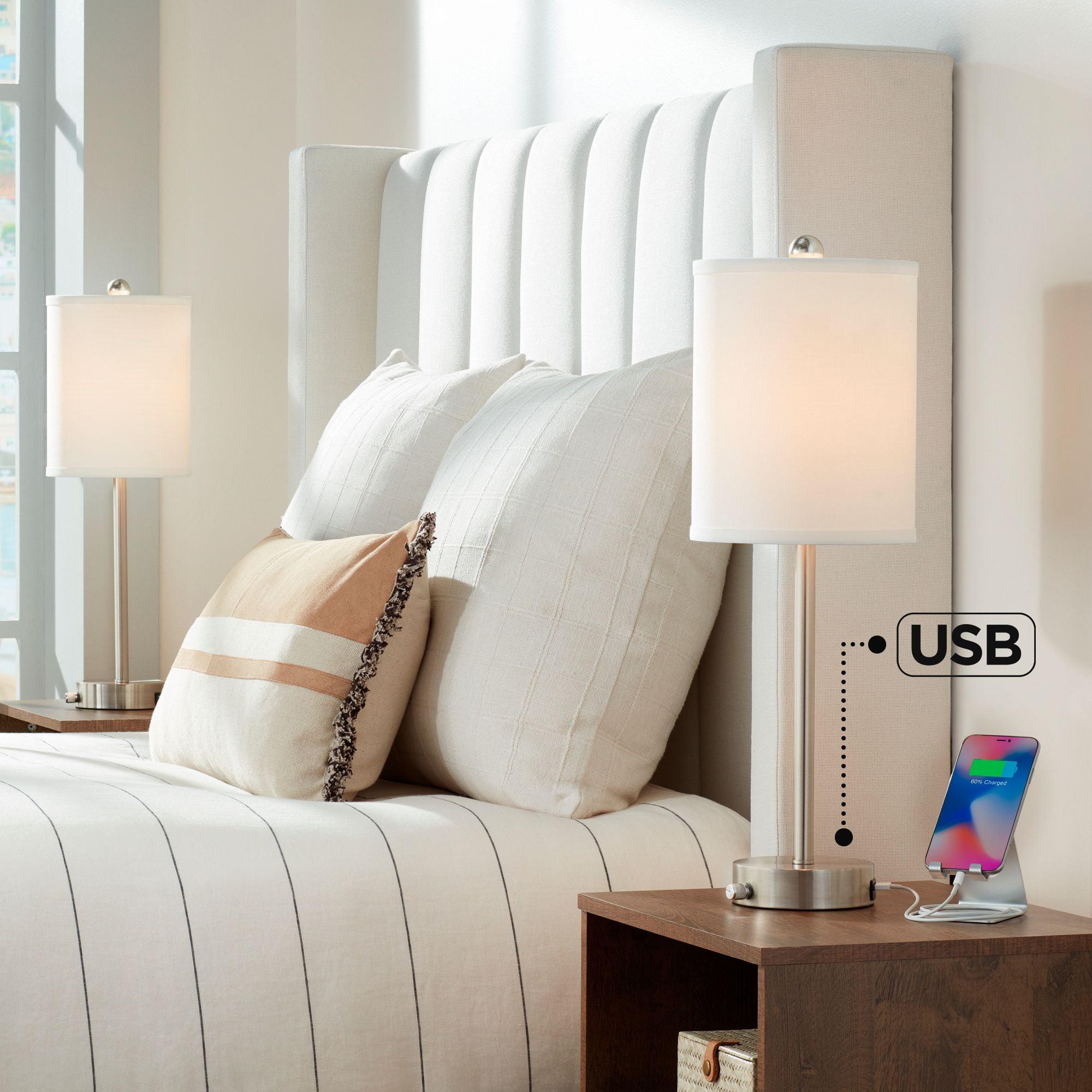 360 Lighting Trotter Modern Table Lamps 23 3/4" High Set of 2 Brushed Nickel with USB and AC Power Outlet in Base White Fabric Cylinder for Home Desk