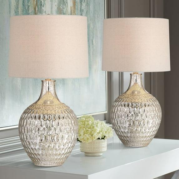 360 Lighting Waylon 28" Tall Modern Luxe Coastal End Table Lamps Set of 2 Silver Mercury Glass Off-White Shade Living Room Bedroom Bedside Nightstand