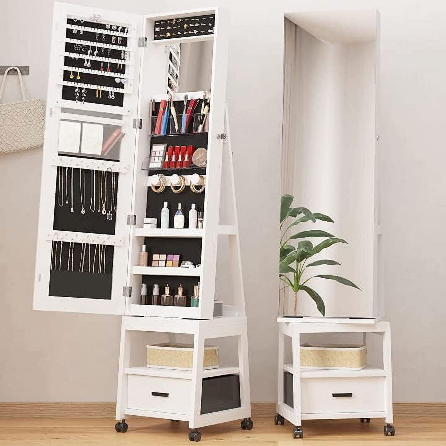 360° Swivel Jewelry Armoire, Floor Standing Locking with Full Length Mirror, Inside Makeup Mirror, Bottom Drawer, Rear Storage Shelves, Danolapsi 360°Swivel Jewelry Armoire