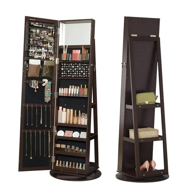 360° Swivel Jewelry Cabinet with Full Length Mirror Modern Adult Accessory Armoire, Brown