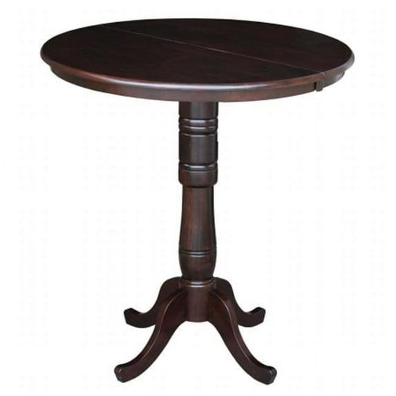 36" Round Counter Height Dining Table with 12" Leaf Rich Mocha - International Concepts: Solid Parawood, Pedestal Base, Seats 4