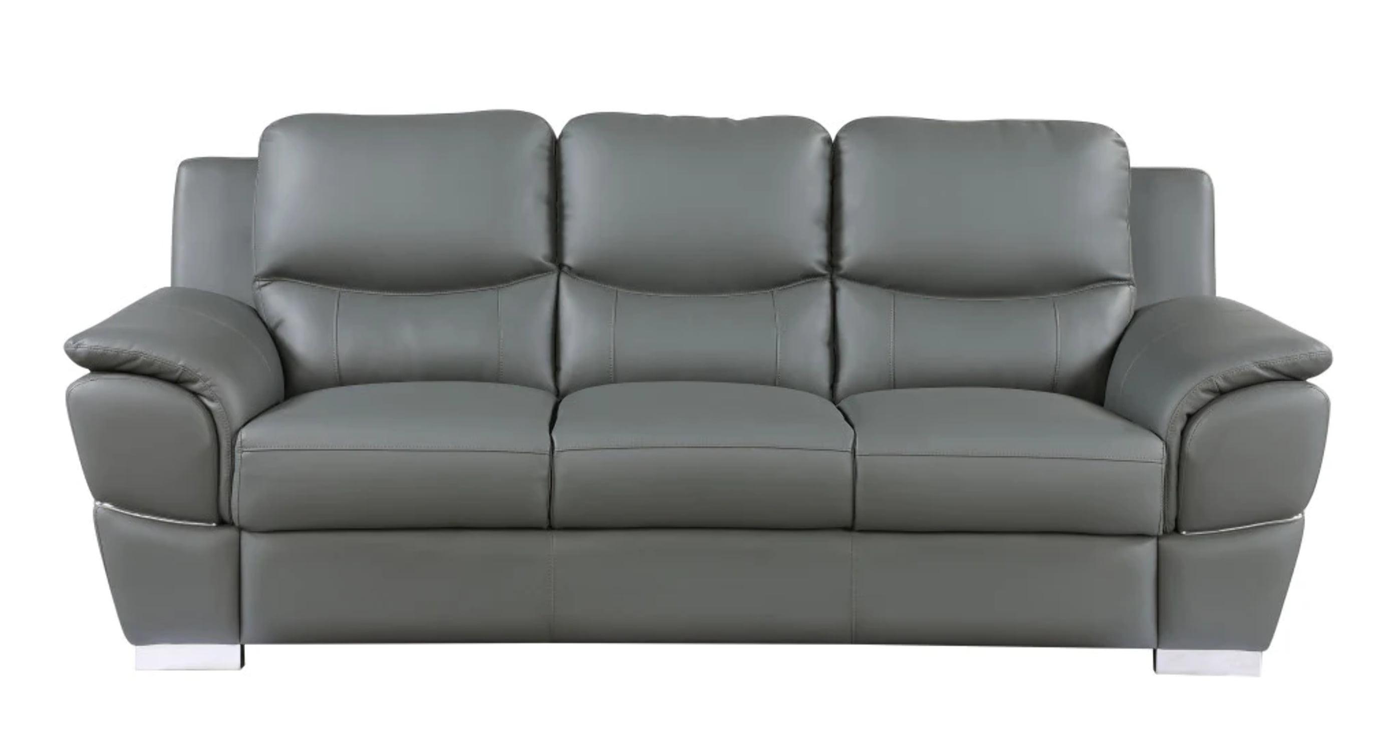 Modern Chic Gray Leather Reclining Sofa with Pillow-Top Arms