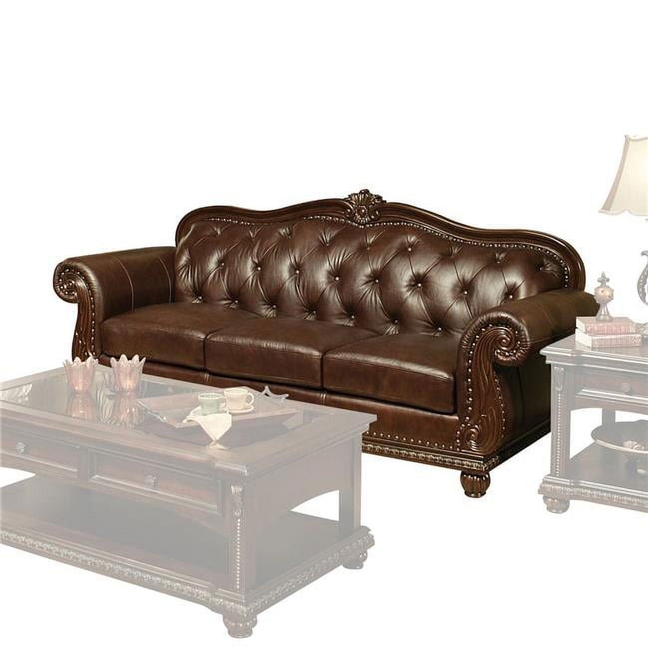 Espresso Top Grain Leather Tufted Sofa with Rolled Arms and Nailhead Trim