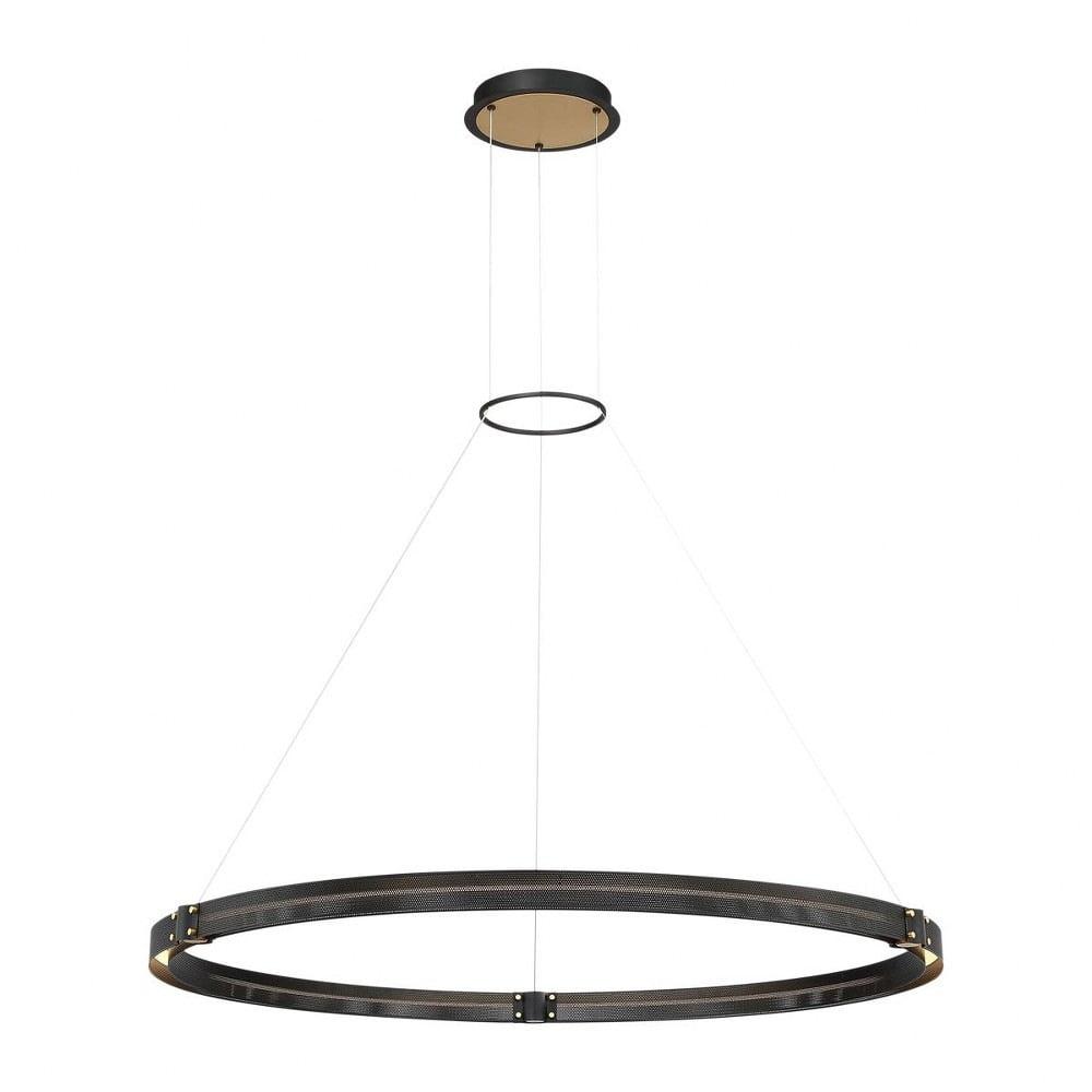 Matte Black and Gold LED Ring Chandelier with Wood Shade