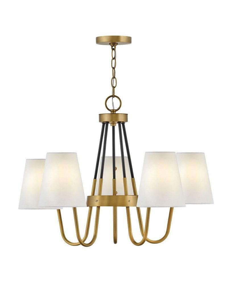 Heritage Brass and Black Drum Chandelier with Off-White Shades
