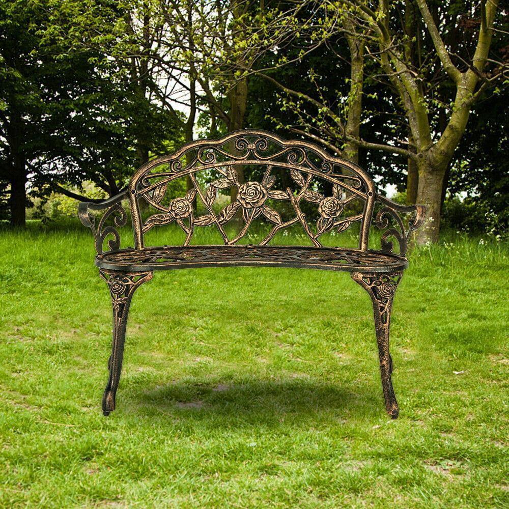 VINGLI 38.5" Patio Park Garden Outdoor Metal Rose Bench,Cast Iron Cast Aluminium Frame Antique Finish Chair,Accented Lawn Front Porch Path Yard Decor Deck Furniture for 2 Person SeatBronze