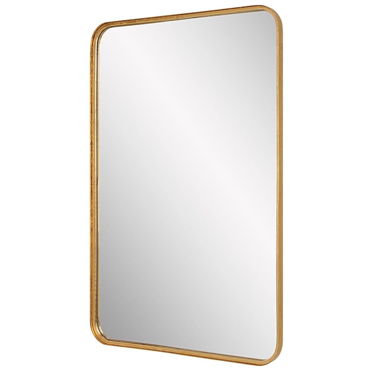 38 Inch Wood Wall Mirror, Metal Frame, Rounded Corners, Gold, Saltoro Sherpi