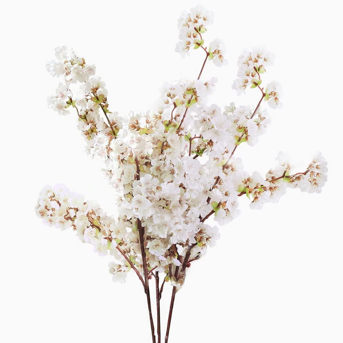 39-Inch White Silk Cherry Blossom Branches for Indoor and Outdoor Decor, Set of 3