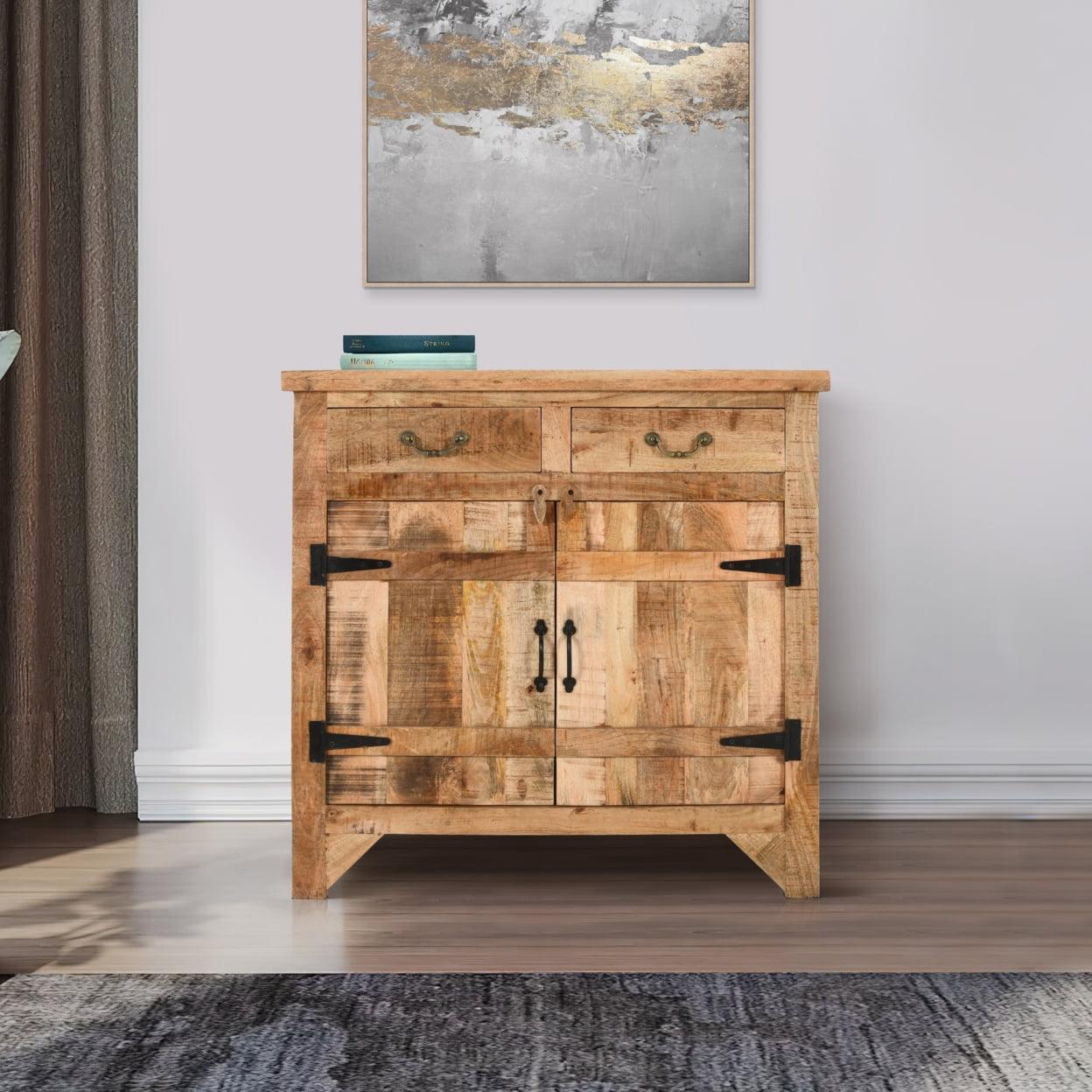 Rustic Brown Mango Wood 39" Lockable Cabinet Console with Chamfered Legs