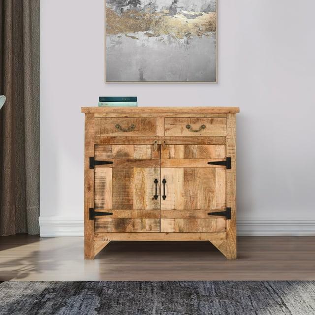 The Urban Port 39" Artisanal Farmhouse Style 2 Drawer Mango Wood Cabinet Console with 2 Door Storage Rustic Brown