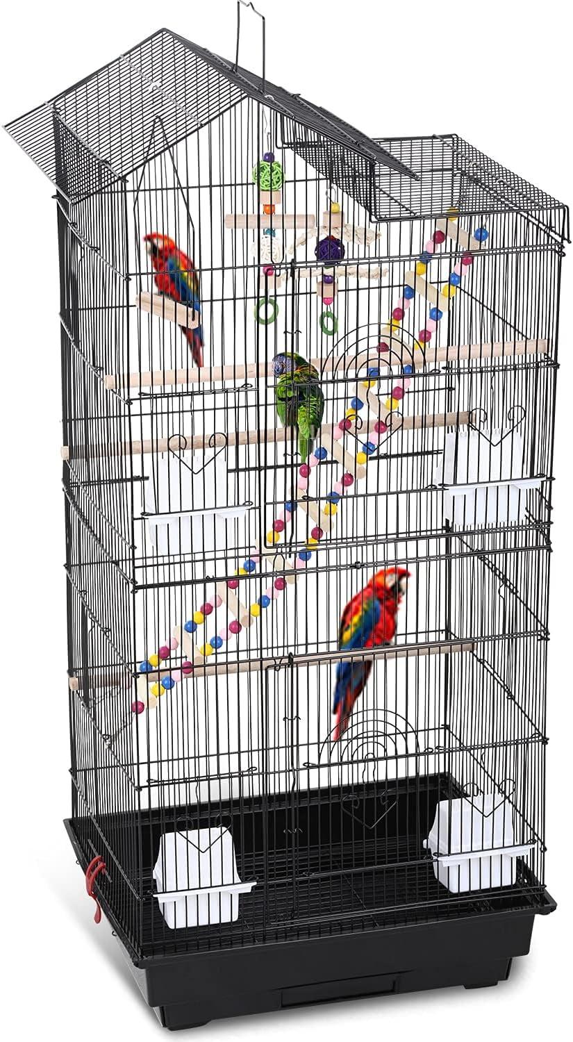 39 Inches Bird Cage Roof Top Large Flight Parrot Bird Cage with Toys for Medium Small Birds, Lovebirds, Finch, Cockatiel Parakeets, Parrot, Iron Bird Cage, Black, 17x14x39 Inch (Pack of 1)