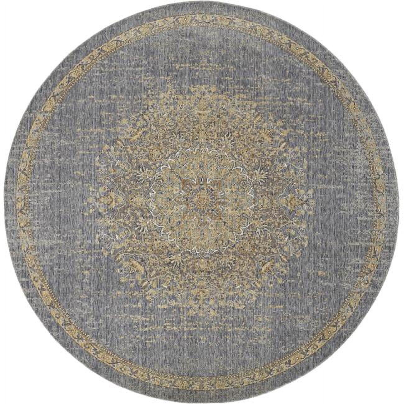 Elegant Slate Grey Medallion Bordered Wool Area Rug, 39" x 63"