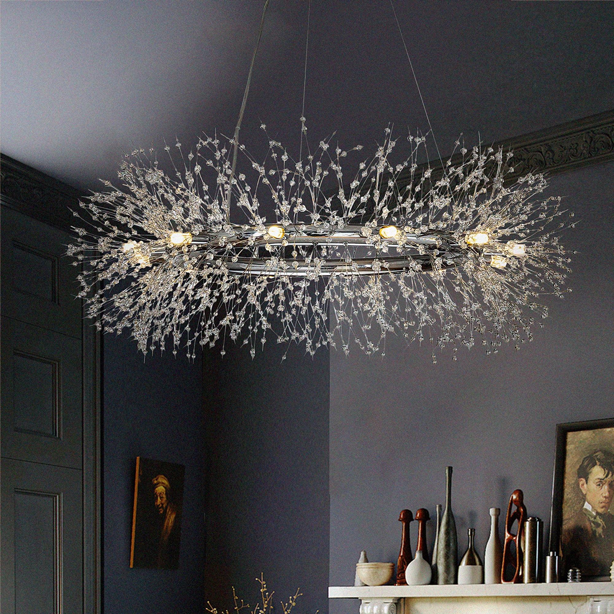 AloaDecor Modern Firework Crystal Chandelier for Dining Room and Living Room Chrome 12 W:39.37*H:15.75in 13 to 24 Inches Chrome 37 to 48 Inches