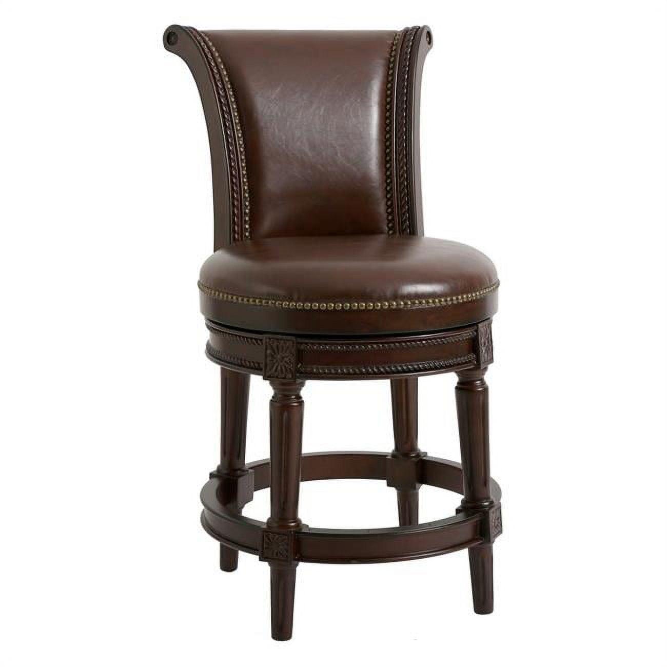 Distressed Walnut Swivel Barstool with Dark Brown Faux Leather Seat