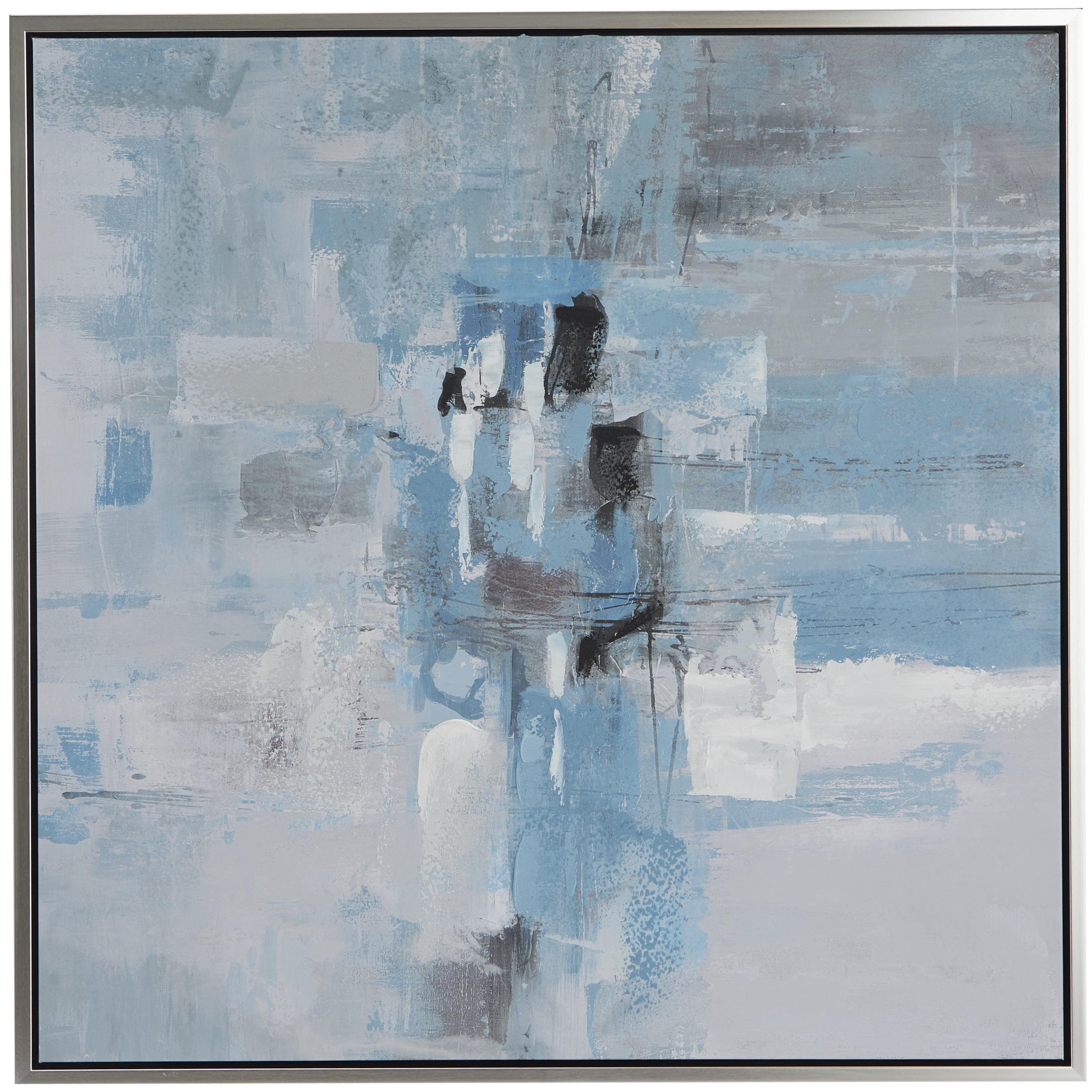 Large Blue and White Abstract Canvas Painting with Silver Frame