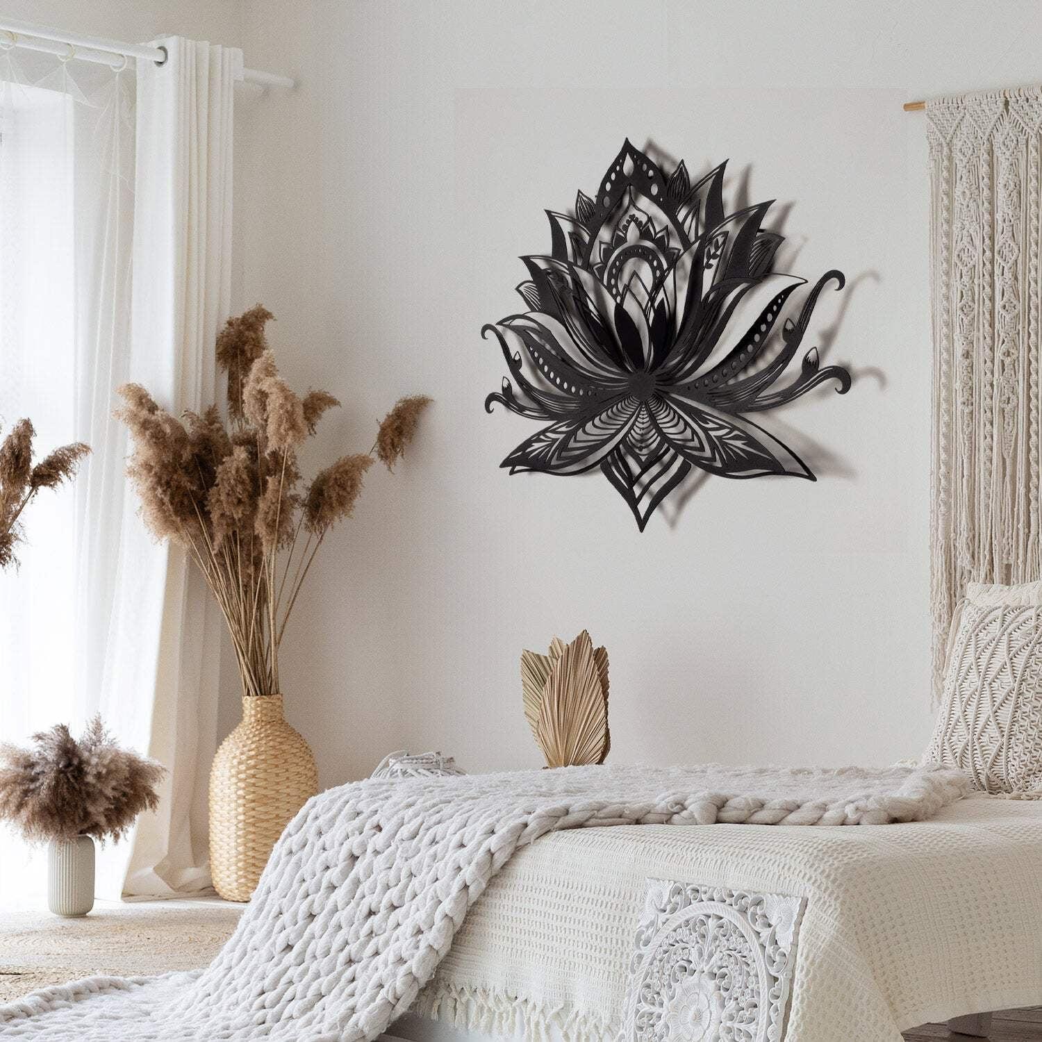 Black Steel 3D Lotus Mandala Wall Art, 35 x 26 Inches