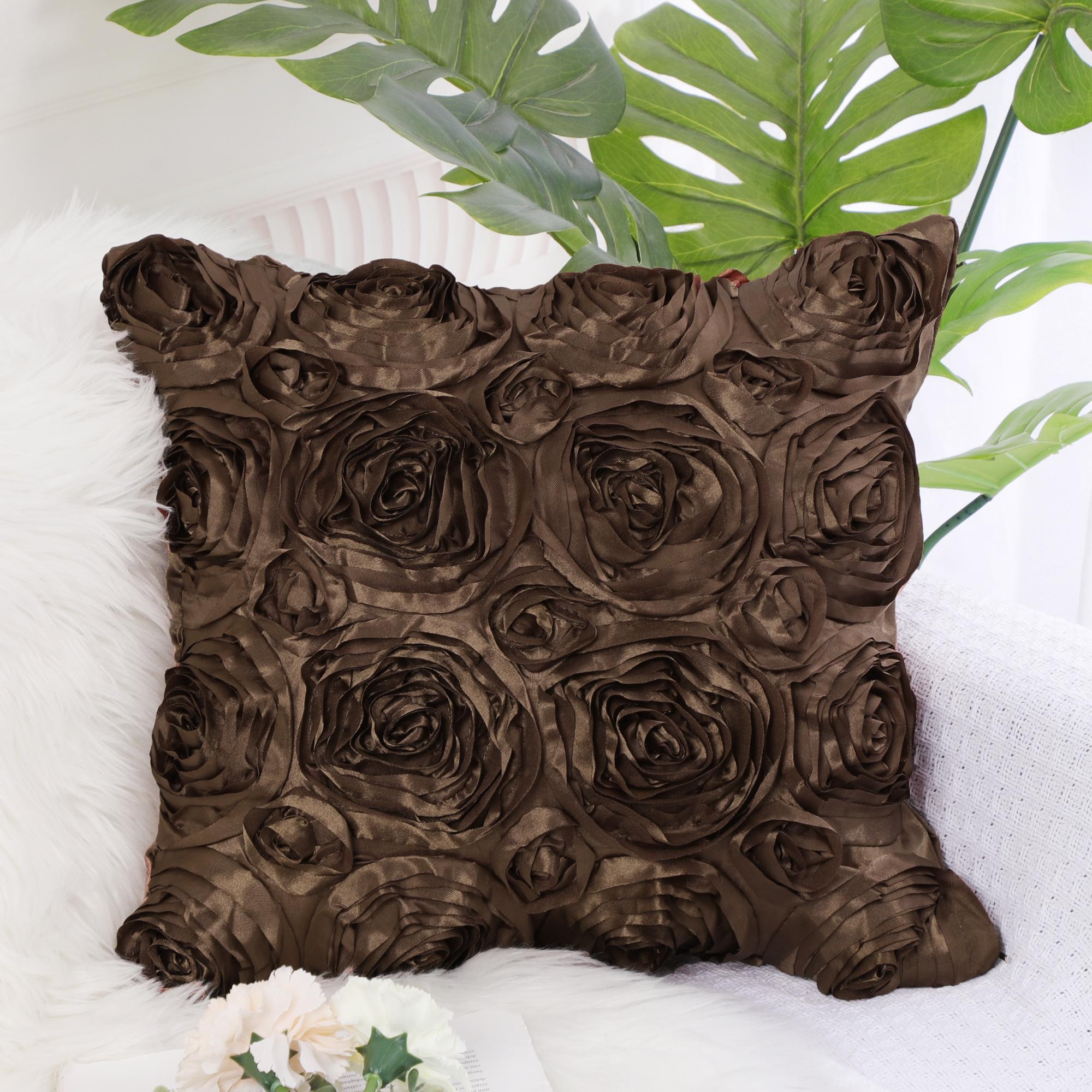 PiccoCasa 3D Satin Rose Floral Shells Art Cushion Throw Pillow Cover for Bed Sofa 1 Pc Coffee 16" x 16"