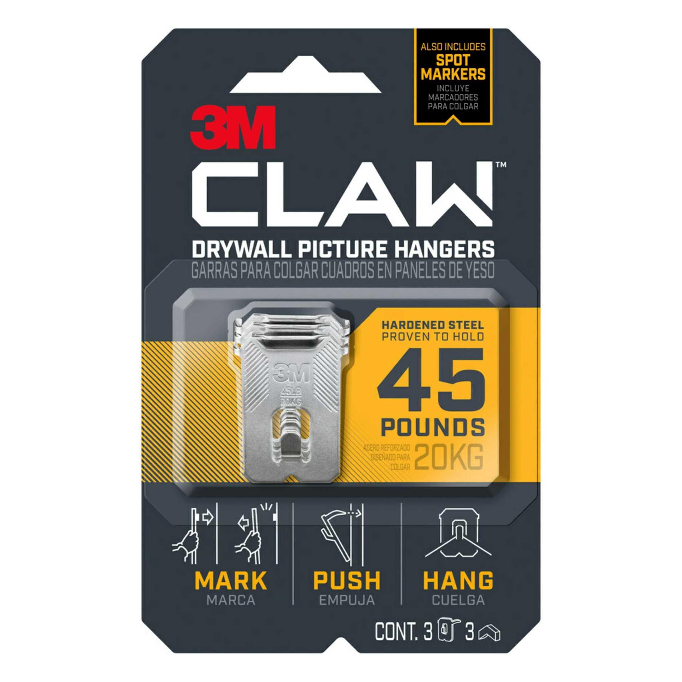 3M CLAW Drywall Picture Hanger 45 lb with Temporary Spot Marker + 3 Hangers and 3 Markers: Picture Hanging Kit, Metal Hooks