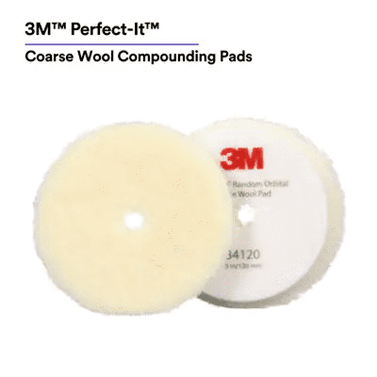 3M Perfect-It Random Orbital Coarse Wool Compounding Pad 34120, 5 Inch (130 mm), White, 2 Pads/Bag