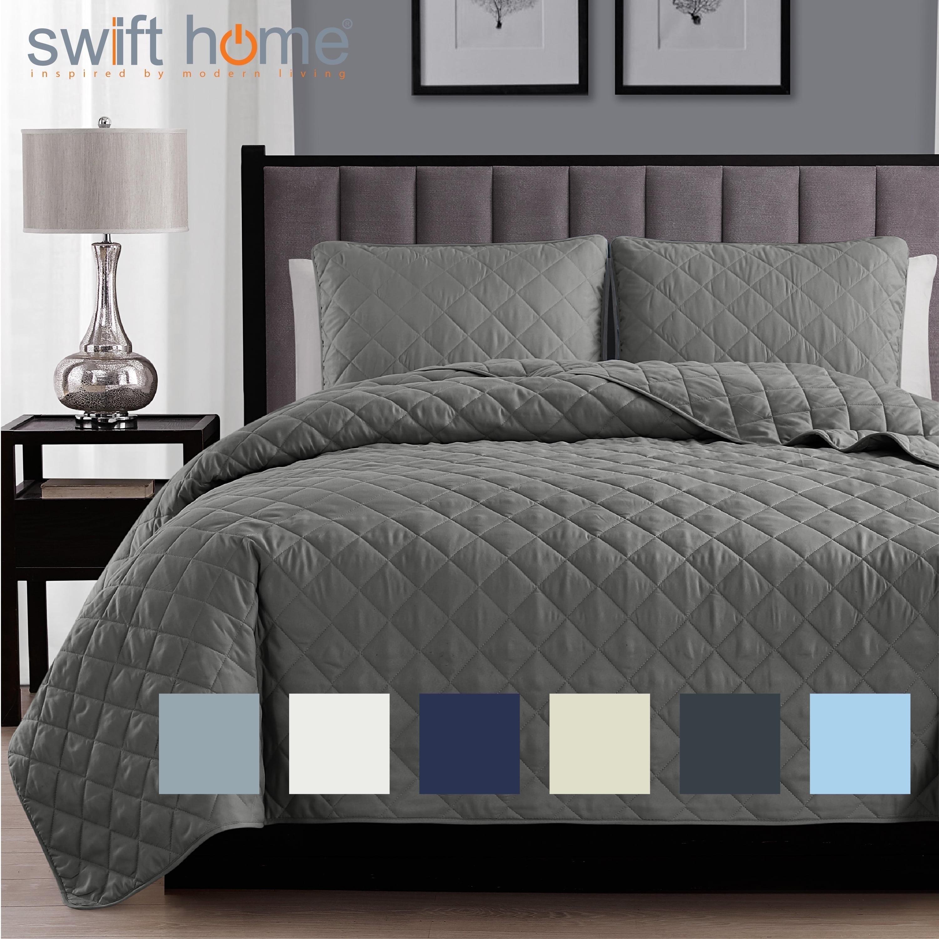 Swift Home | Essential Diamond Stitched 3-Piece Quilt Set Dark Grey Full/Queen