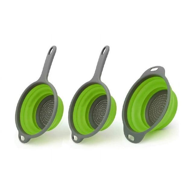 Set of 3 Collapsible Colanders, Kitchen Foldable Strainer with Sturdy Plastic Base, Best for Rinsing or Draining Pasta, Vegetables and Fruits-Green