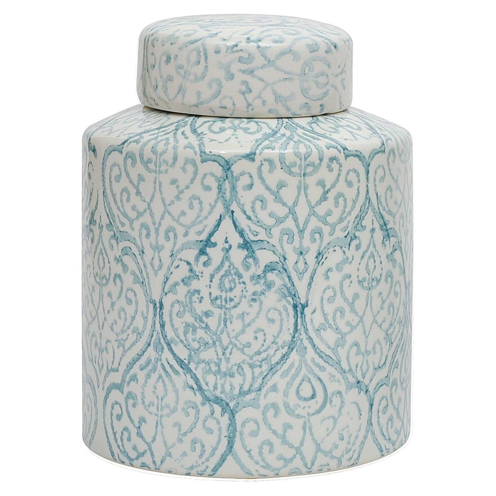 Elegant Blue and White Floral Ceramic Ginger Jar, 10" High