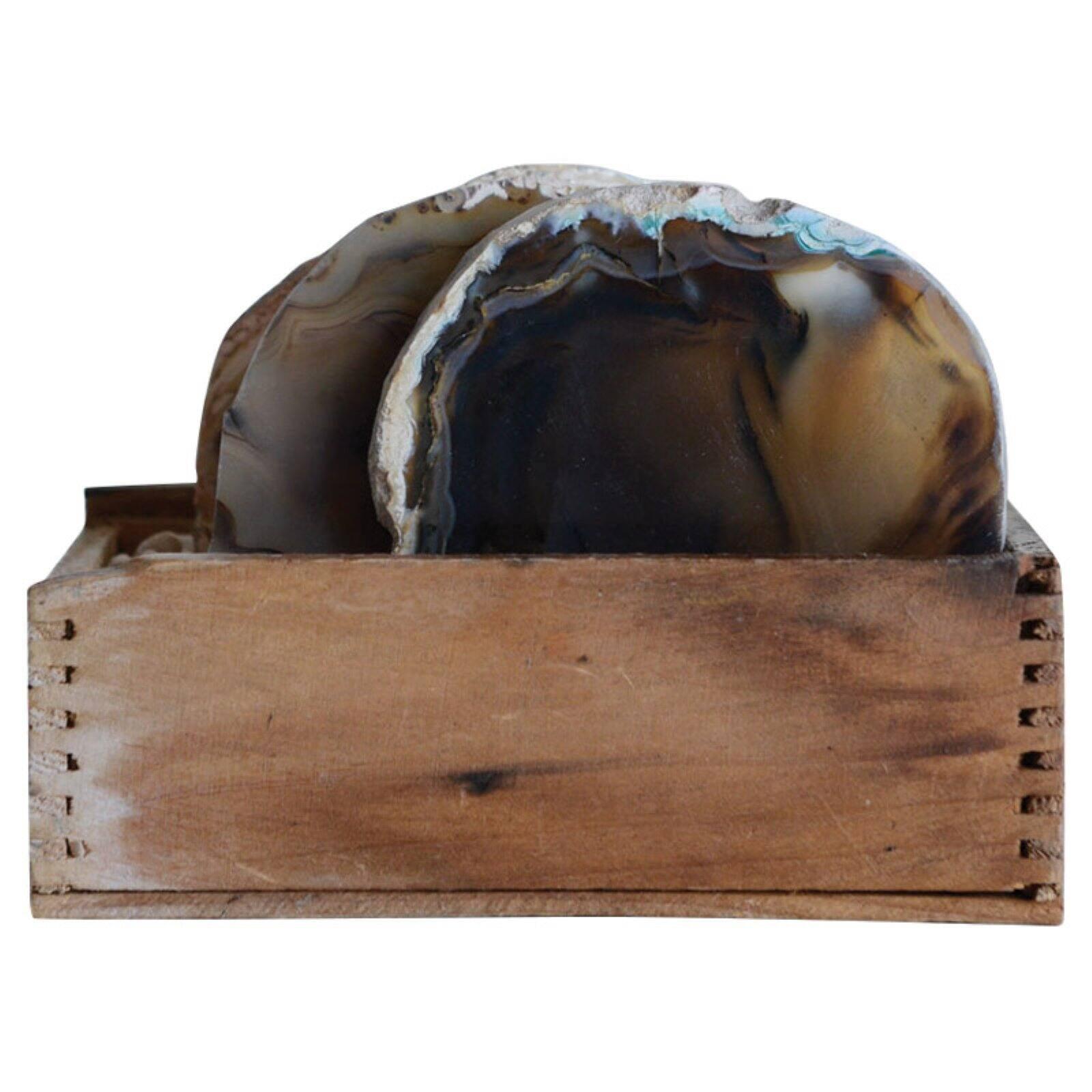 Natural Brown Agate Stone Coaster Set with Wooden Holder