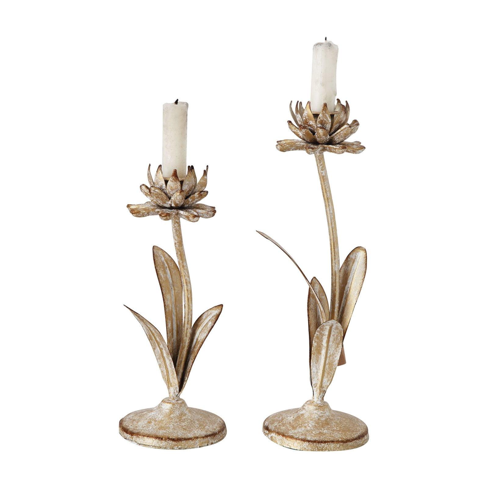 Distressed Gold Metal Flower Taper Candle Holders, Set of 2