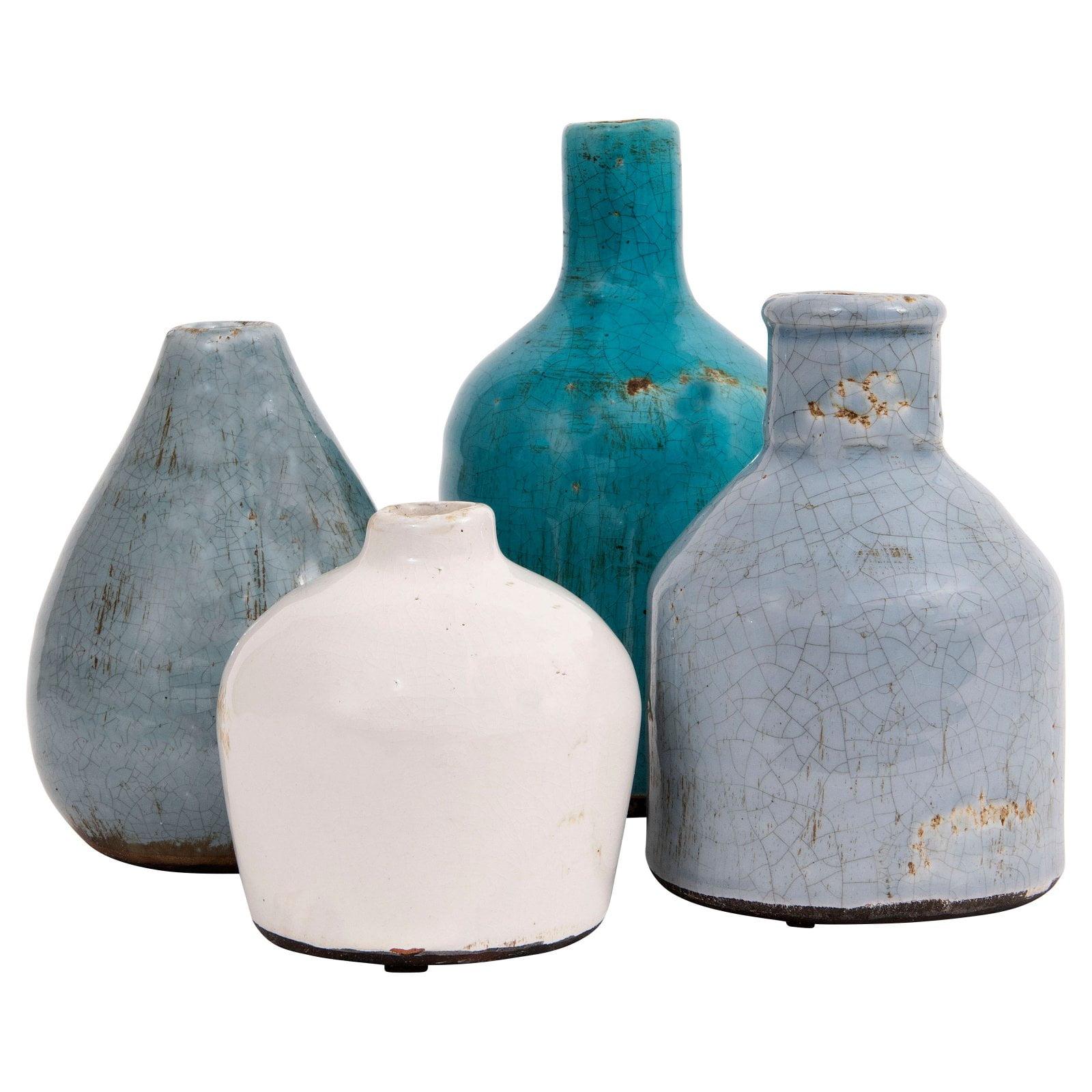 Artisan Blue Crackle Glaze Terracotta Vase Set of 4