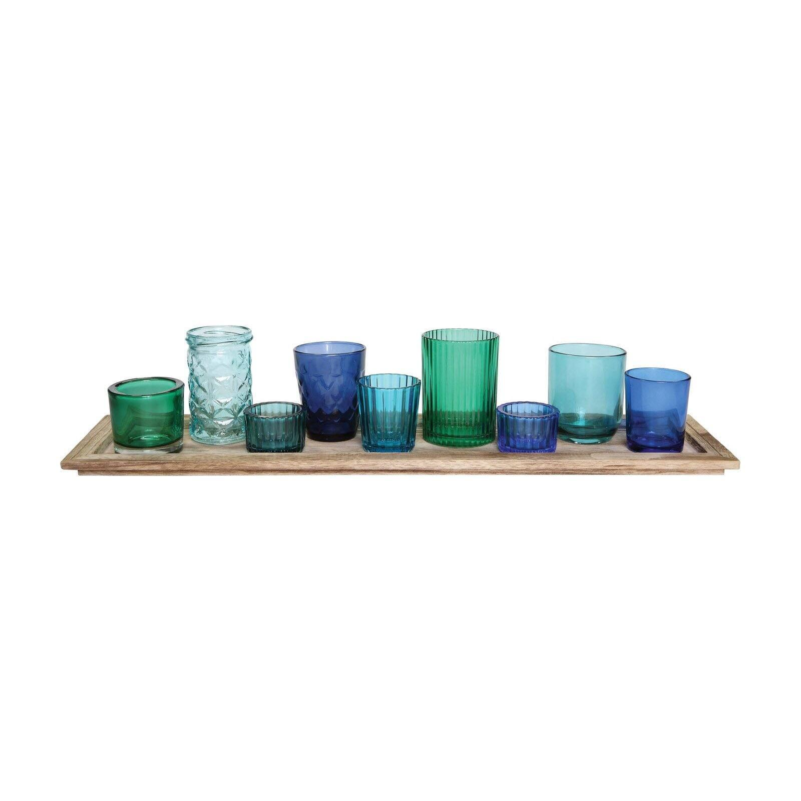 Oceanic Bliss Wood Tray with Blue & Green Glass Votive Set