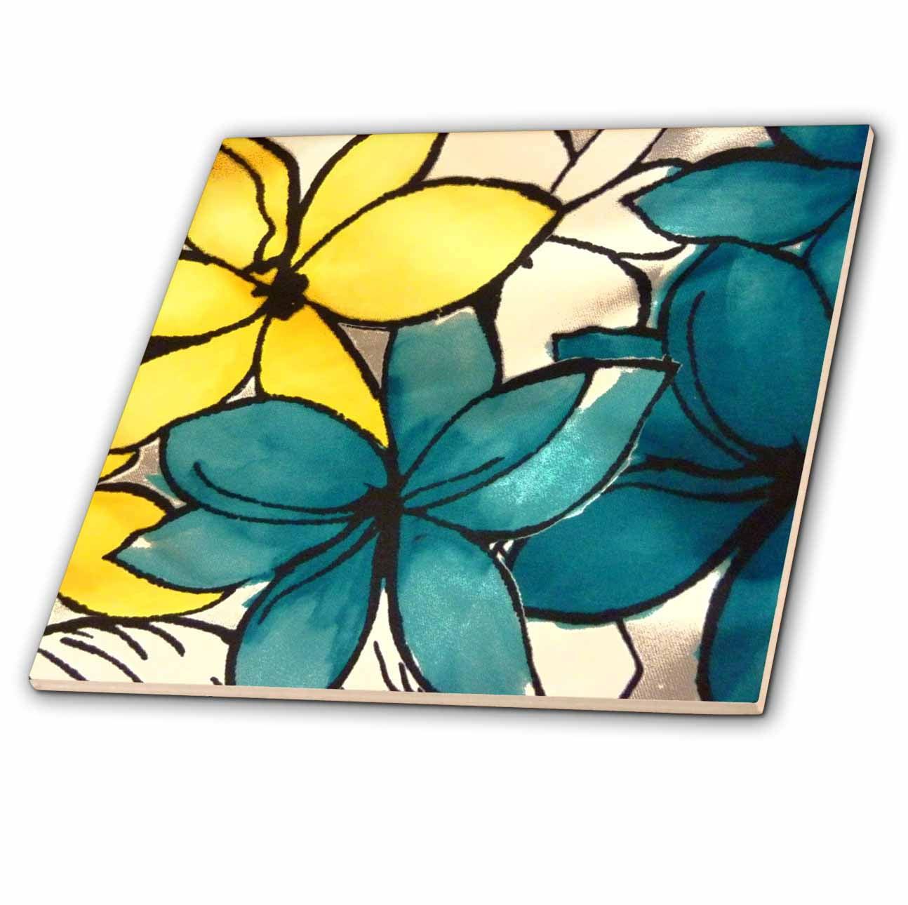 Teal and Yellow Floral Ceramic Square Tile, 12-inch