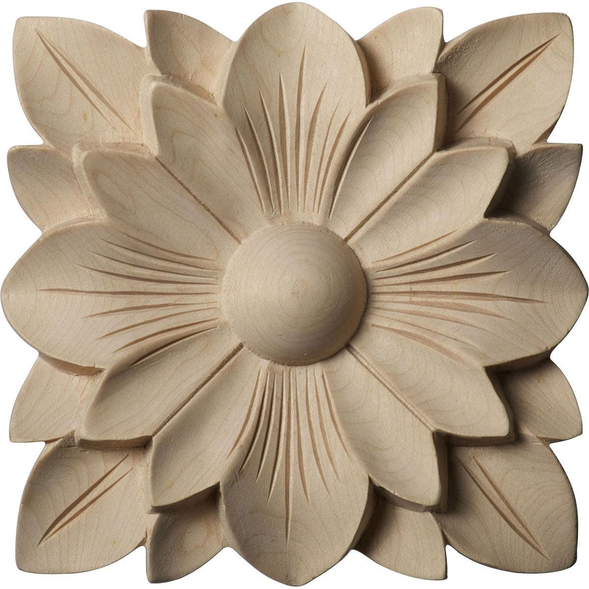 Unfinished Rubberwood Square Flower Rosette Applique