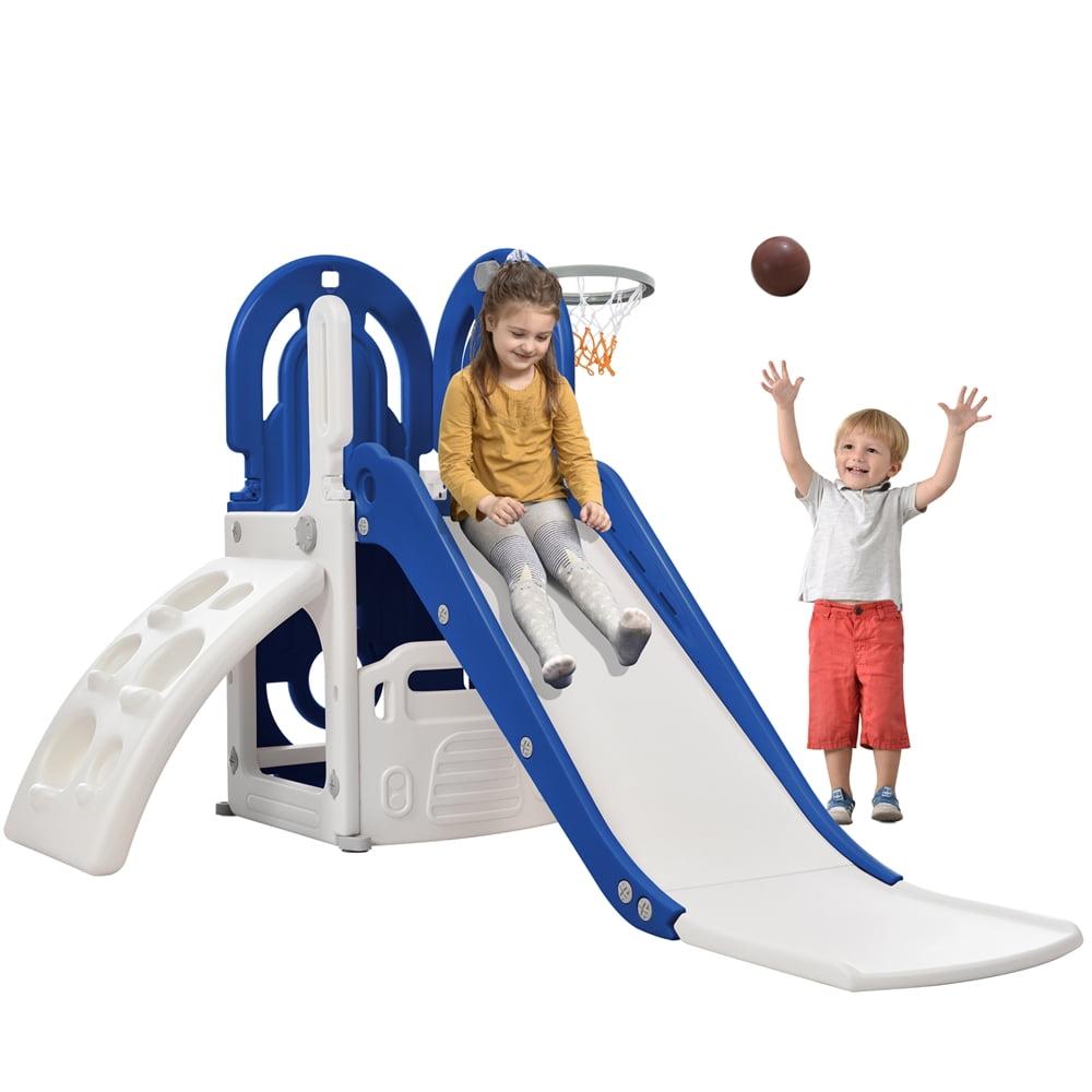 Blue and White 4-in-1 Toddler Climber Slide Set with Basketball Hoop