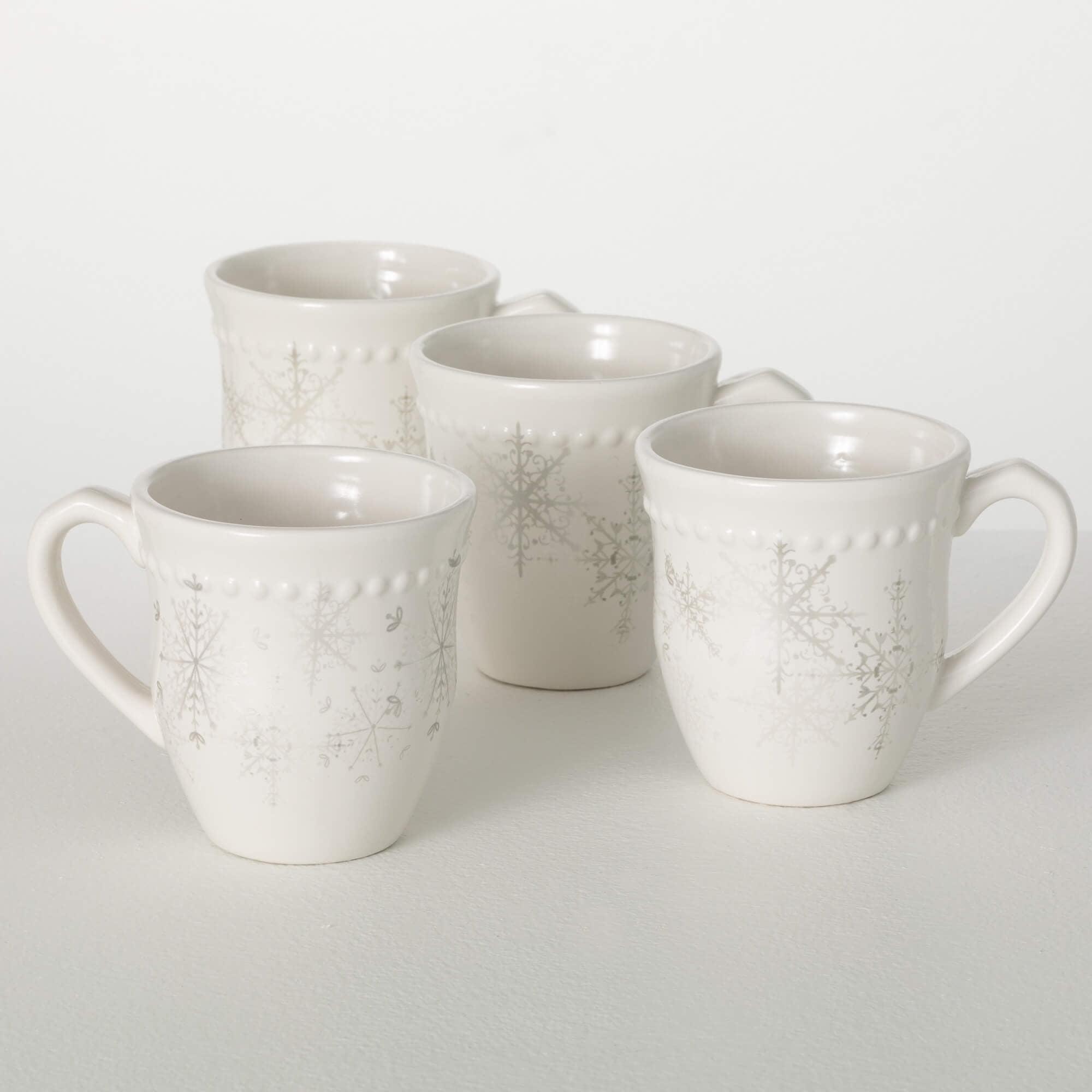 4.25" White Ceramic Snowflake Christmas Mug Set of 4