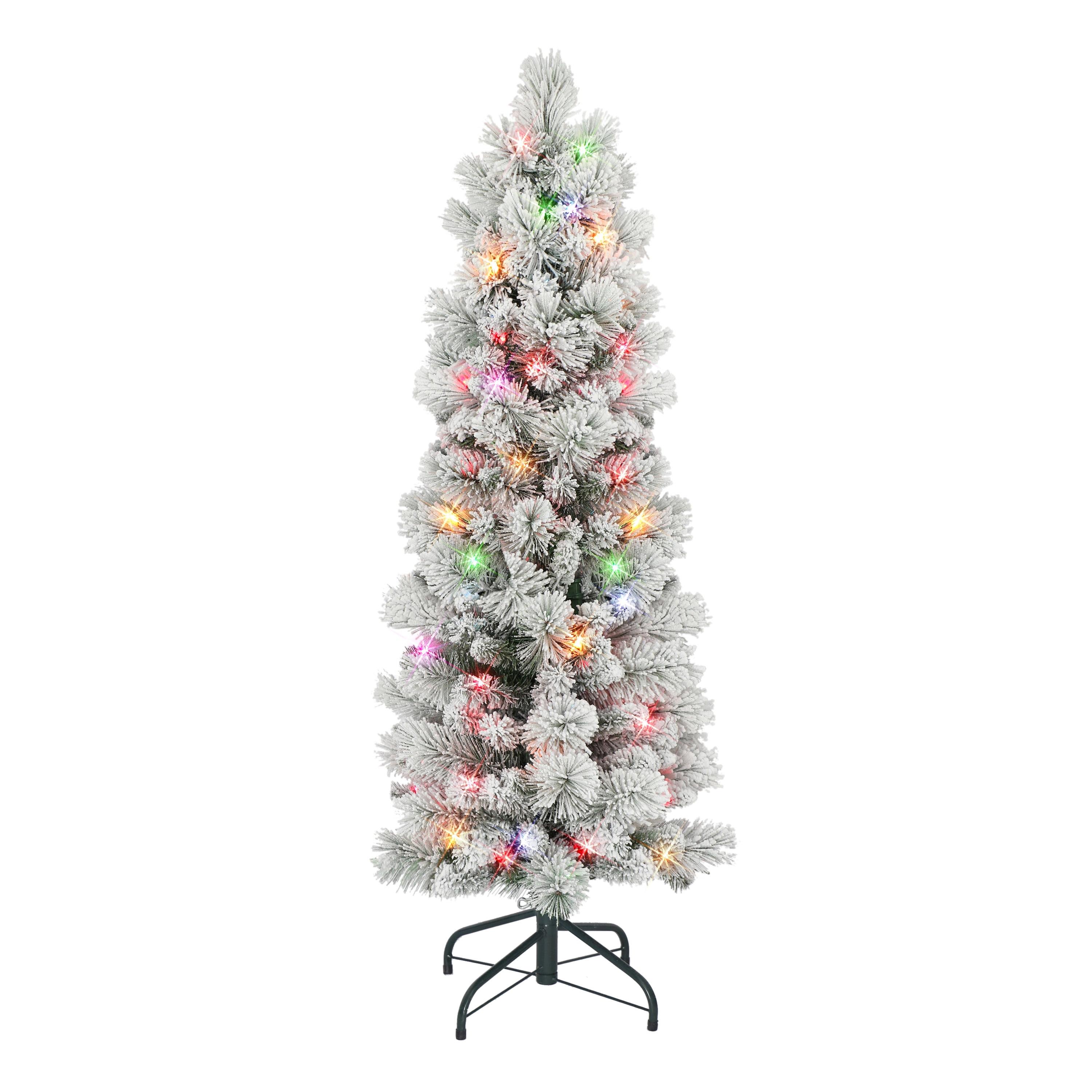 4.5 ft Flocked Portland Pine Pencil Tree with 195 tips 100 Multi-color Incandescent Lights