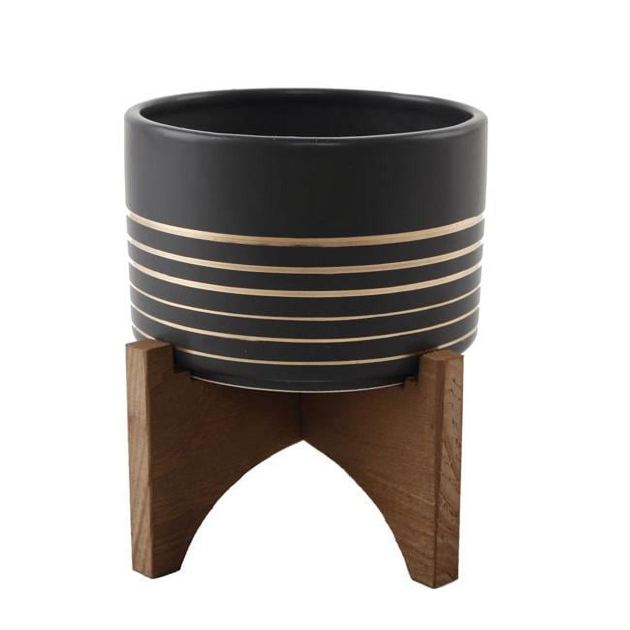 Mid-Century 5.5" Black and Gold Ceramic Planter on Wooden Stand